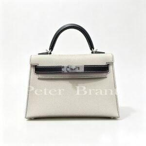 Hermès Kelly Mini II Epsom Leather Handbag in Nata with Black Contrast & Palladium Hardware