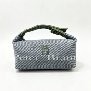 Hermès H Logo Wool Tote Bag - Blue Herringbone, Green Embroidered Detail, Top Handle