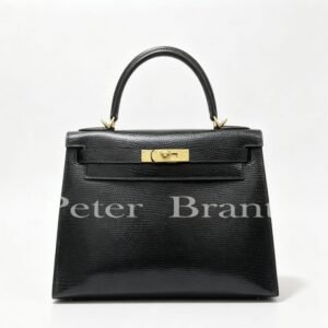 Hermès Kelly 28 Handbag - Black Lizard Leather, Gold Palladium Hardware, Top Handle & Removable Shoulder Strap