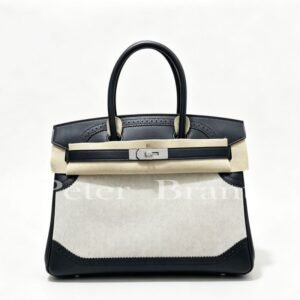 Hermès Birkin Ghillies 35 Black Leather & Canvas Silver Hardware Handbag